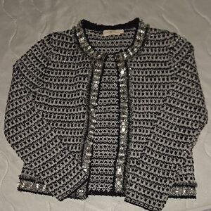 Tory Burch Black and Silver Geometric Cardigan